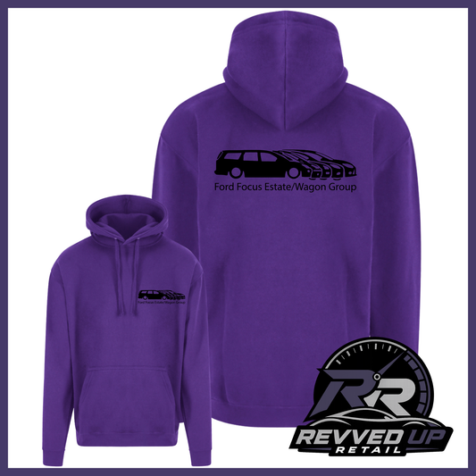 Purple pullover hoodie shown from front and back on a white background, with a black car graphic and the text 'Ford Focus Estate/Wagon Group' printed on the back, and a smaller matching chest graphic on the front. A Revved Up Retail logo appears in the lower right corner.