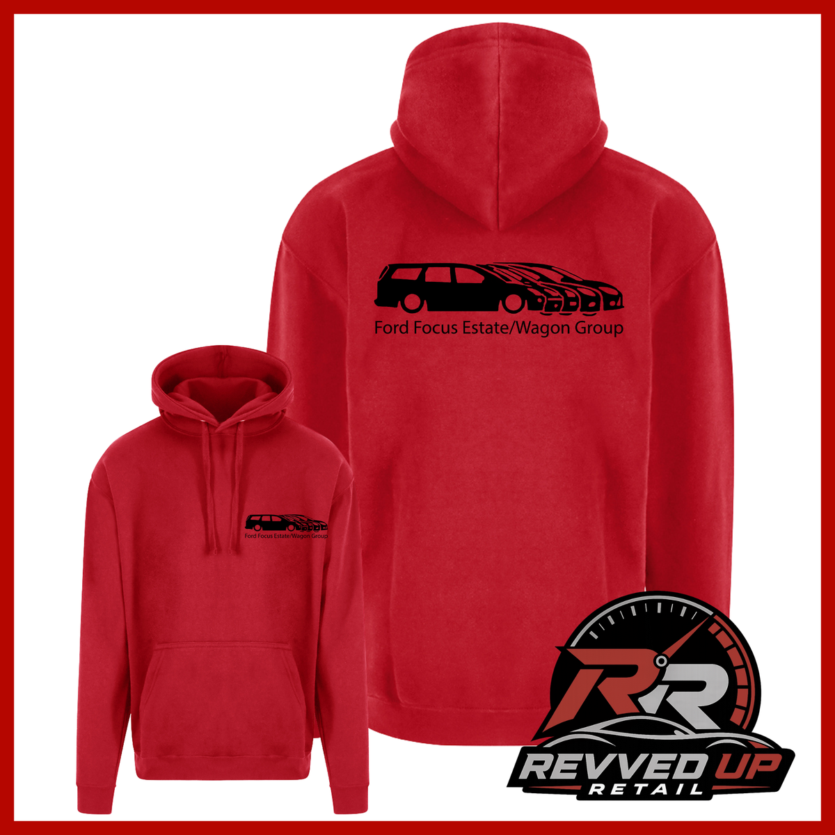 A red pullover hoodie shown from both front and back on a white background with a red border. The back features a black car silhouette and the text 'Ford Focus Estate/Wagon Group'.