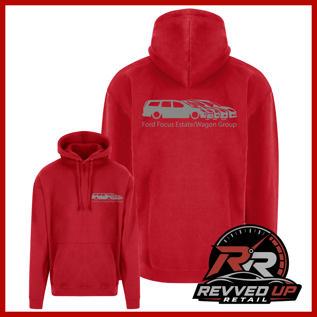 A red pullover hoodie shown from both front and back on a white background with a red border. The back features a gray car silhouette and the text 'Ford Focus Estate/Wagon Group,' while the front has a smaller matching chest graphic.