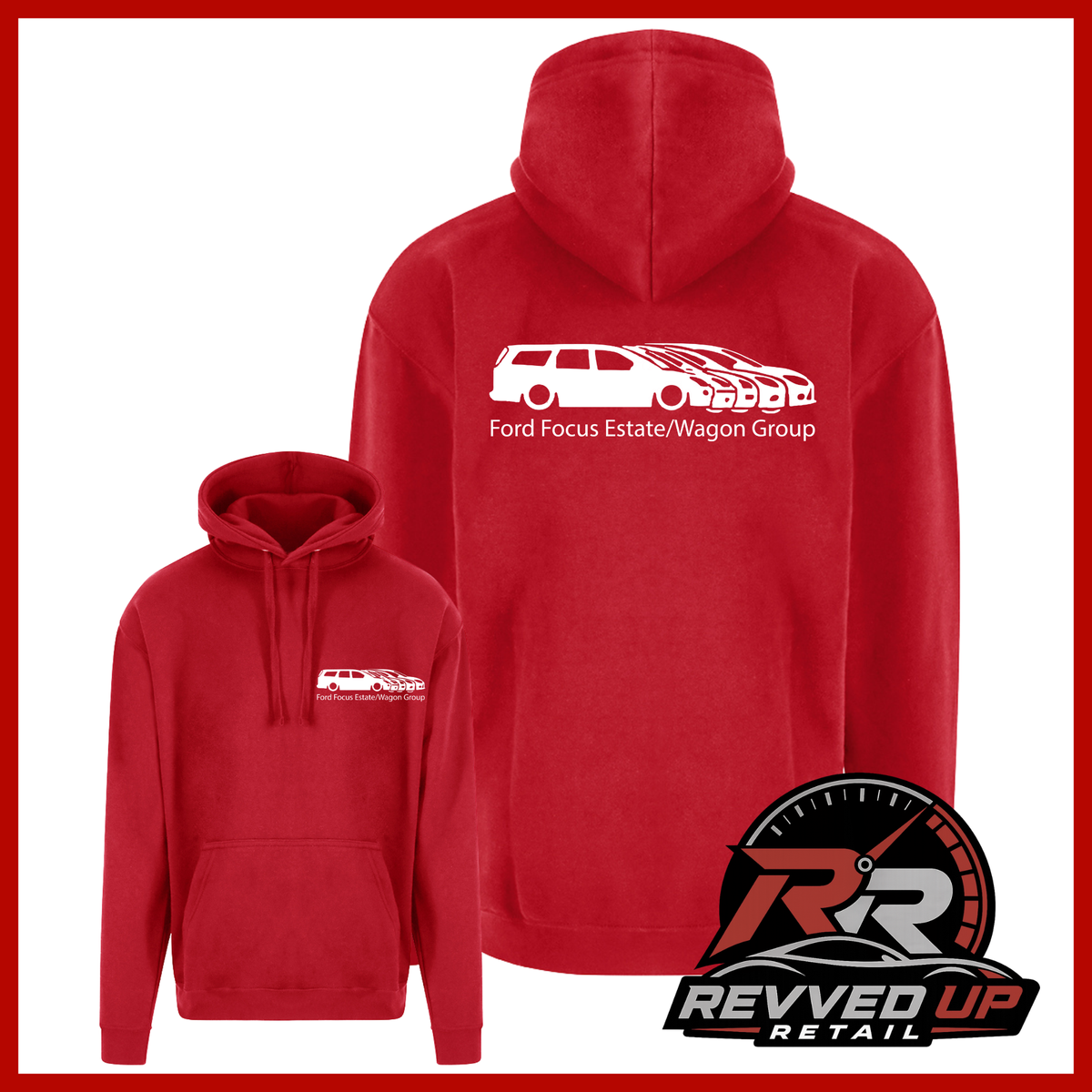 A red pullover hoodie shown from both front and back on a white background with a red border. The front has a small white chest graphic, and the back has a larger white car graphic with the text 'Ford Focus Estate/Wagon Group.