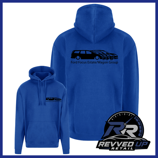 Blue pullover hoodies shown from the front and back on a white background, with a black car graphic and 'Ford Focus Estate/Wagon Group' text on the back, and a smaller matching chest graphic on the front. A Revved Up Retail logo appears in the bottom right corner.