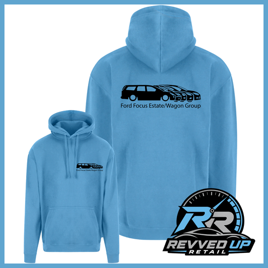 A light blue pullover hoodie shown from both front and back on a white background with a blue border. The back features a black graphic of a Ford Focus Estate wagon with the text 'Ford Focus Estate/Wagon Group' underneath.