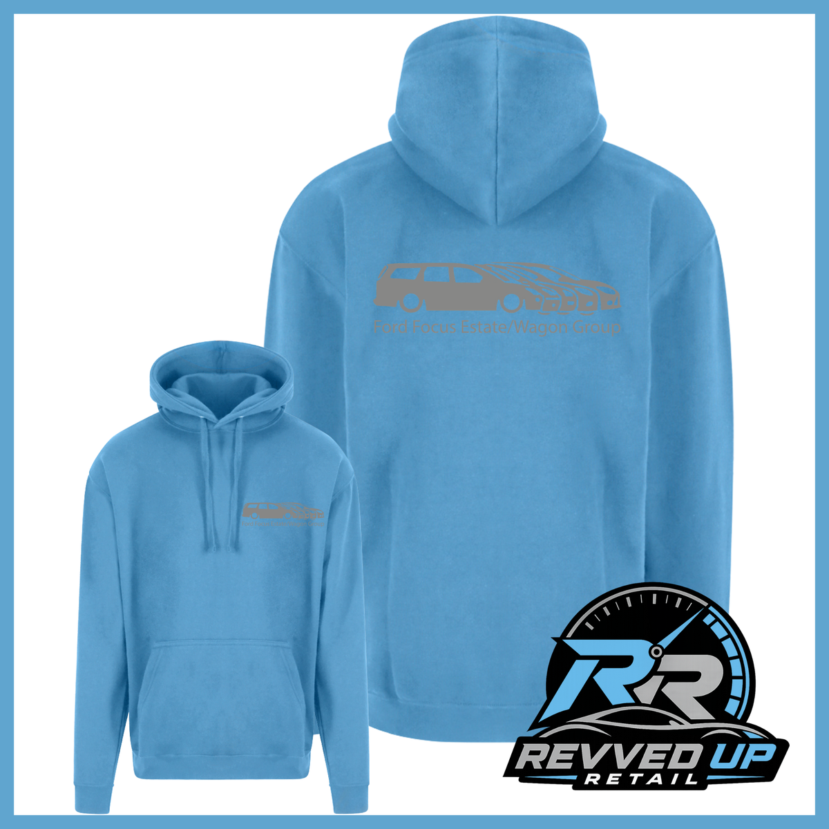 A light blue pullover hoodie shown from both front and back on a white background with a blue border. The back features a gray car graphic and the text, while the front has a smaller matching chest logo.
