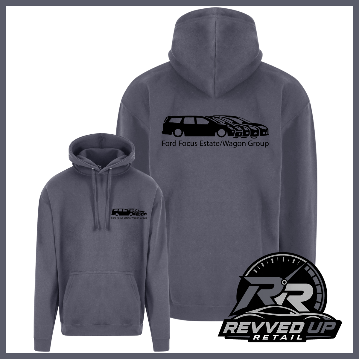 A dark gray pullover hoodie shown from both front and back views on a white background with a gray border. The back features a black car silhouette and the text 'Ford Focus Estate/Wagon Group'.