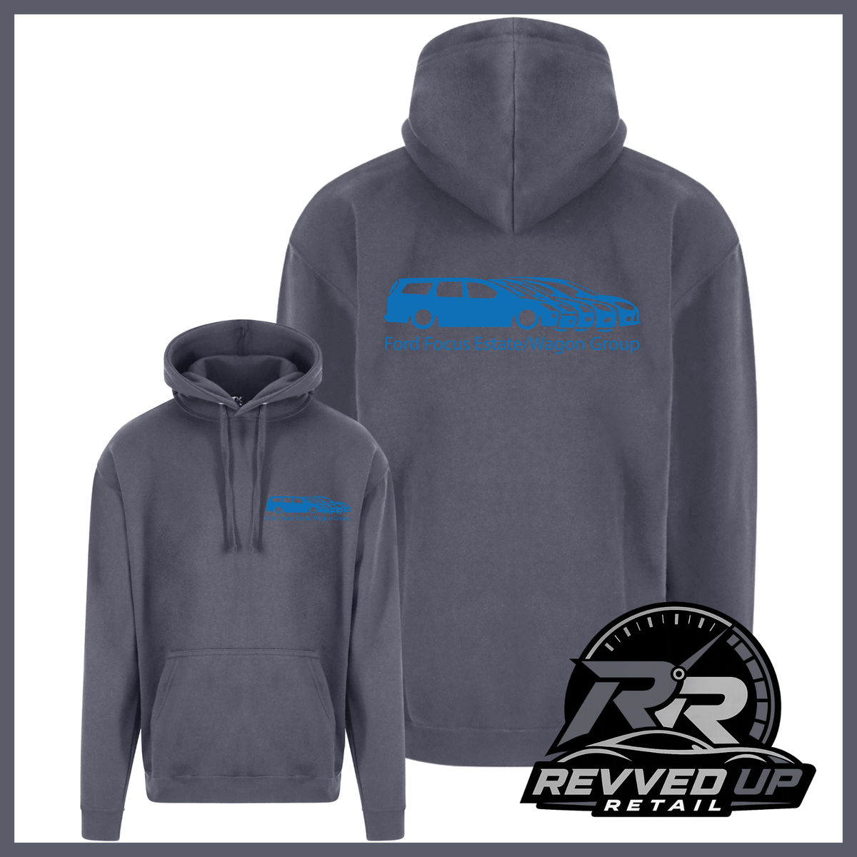 Two views of a dark gray pullover hoodie on a white background, showing the front and back. The back features a blue car graphic with text and the front has a smaller matching blue chest logo.