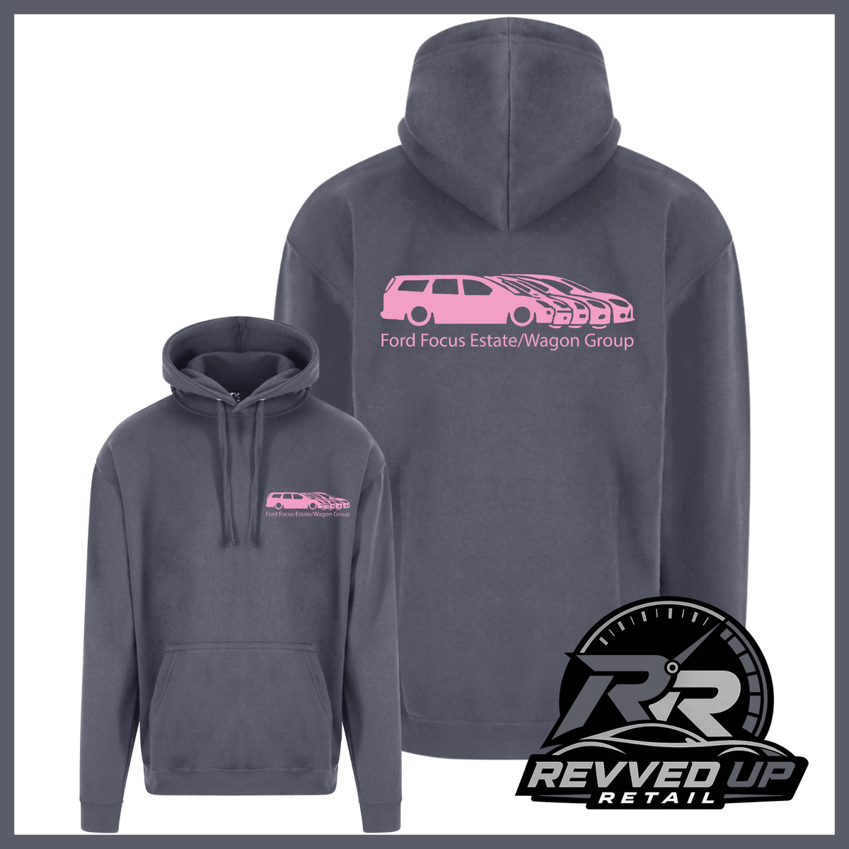 Two views of a dark gray pullover hoodie on a white background, showing the front and back. The back features a pink car graphic and the text 'Ford Focus Estate/Wagon Group'.