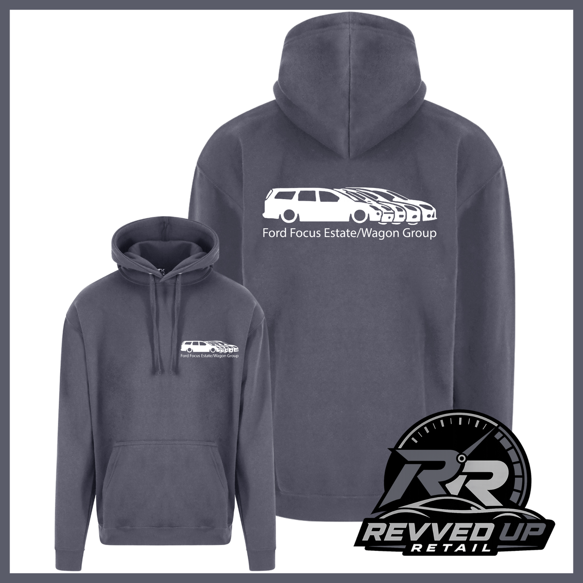 Two black pullover hoodies shown on a white background: one front view and one back view. The back hoodie has white car graphics and text, and the front hoodie has a small matching white chest logo.