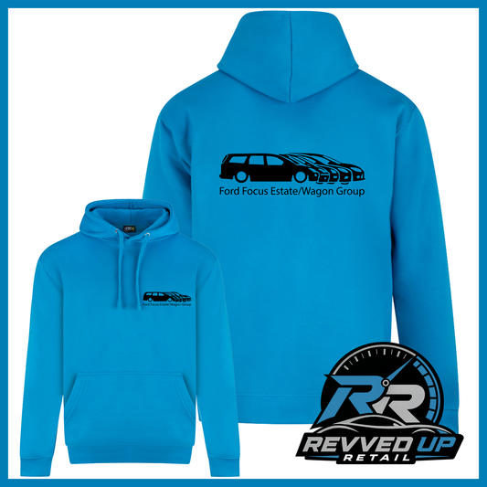 Bright blue pullover hoodie shown from front and back on a white background, with a black Ford Focus estate/wagon group graphic and text on the chest. A Revved Up Retail logo appears in the lower right corner.