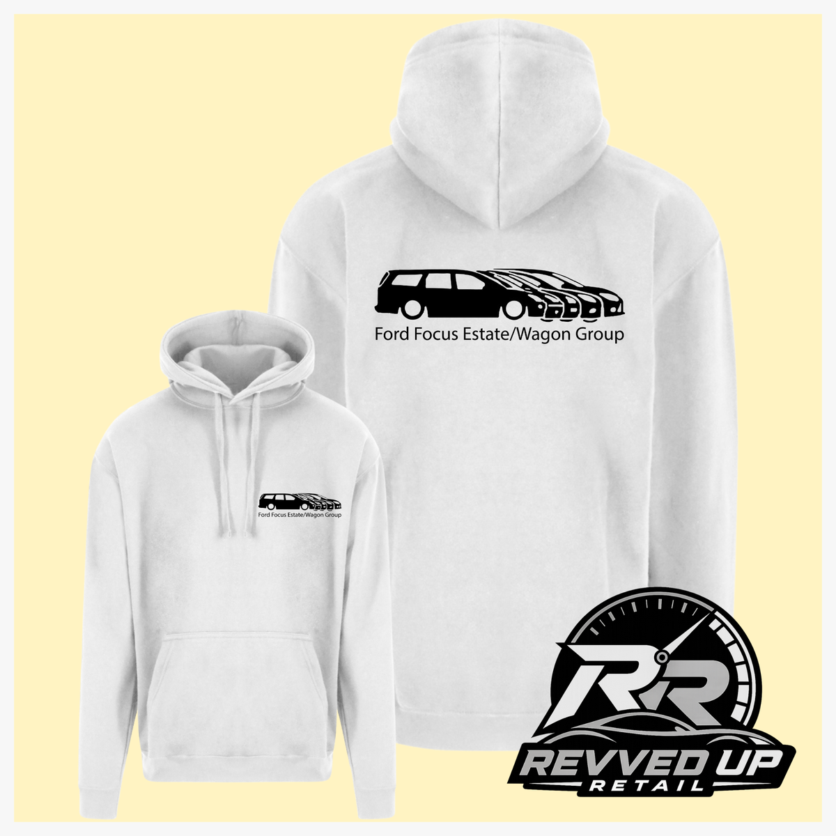 White pullover hoodie shown in front and back views on a pale yellow background. The back has a black car silhouette graphic with the text 'Ford Focus Estate/Wagon Group' and the front has a smaller matching chest graphic.
