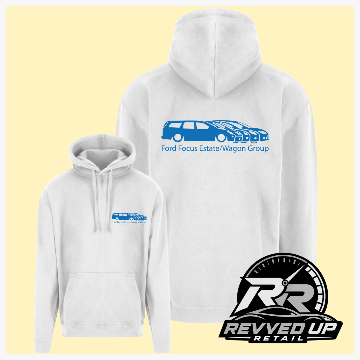 White pullover hoodies shown from front and back on a pale yellow background. The back hoodie has a blue car graphic and the text 'Ford Focus Estate/Wagon Group' printed across the upper back.