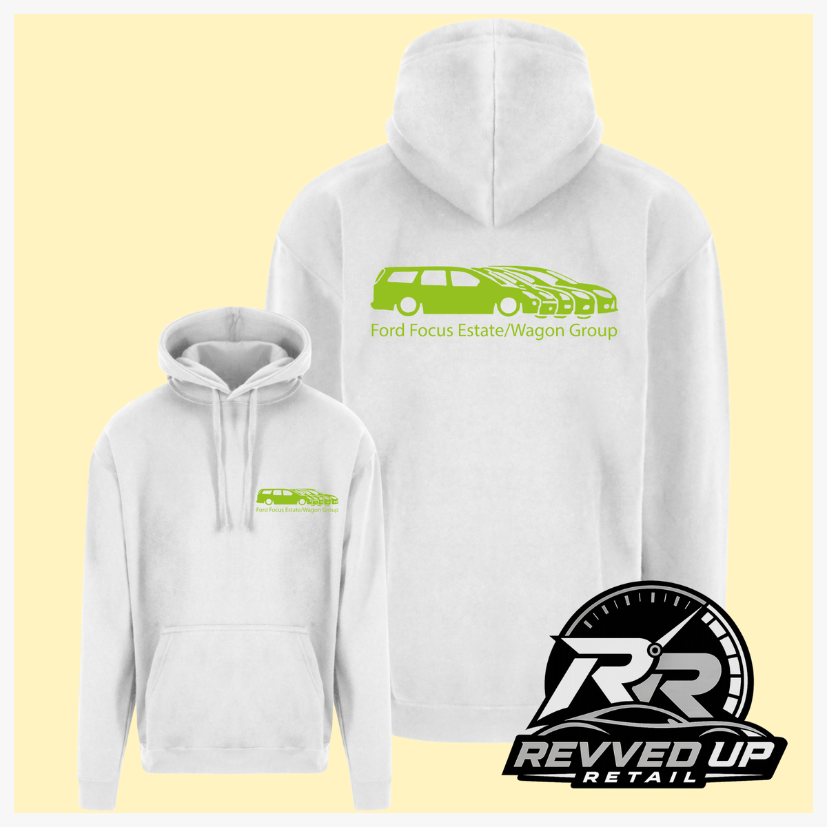 White pullover hoodie shown from front and back on a pale yellow background. The front has a small green chest logo, and the back has a larger green car graphic with the text 'Ford Focus Estate/Wagon Group.