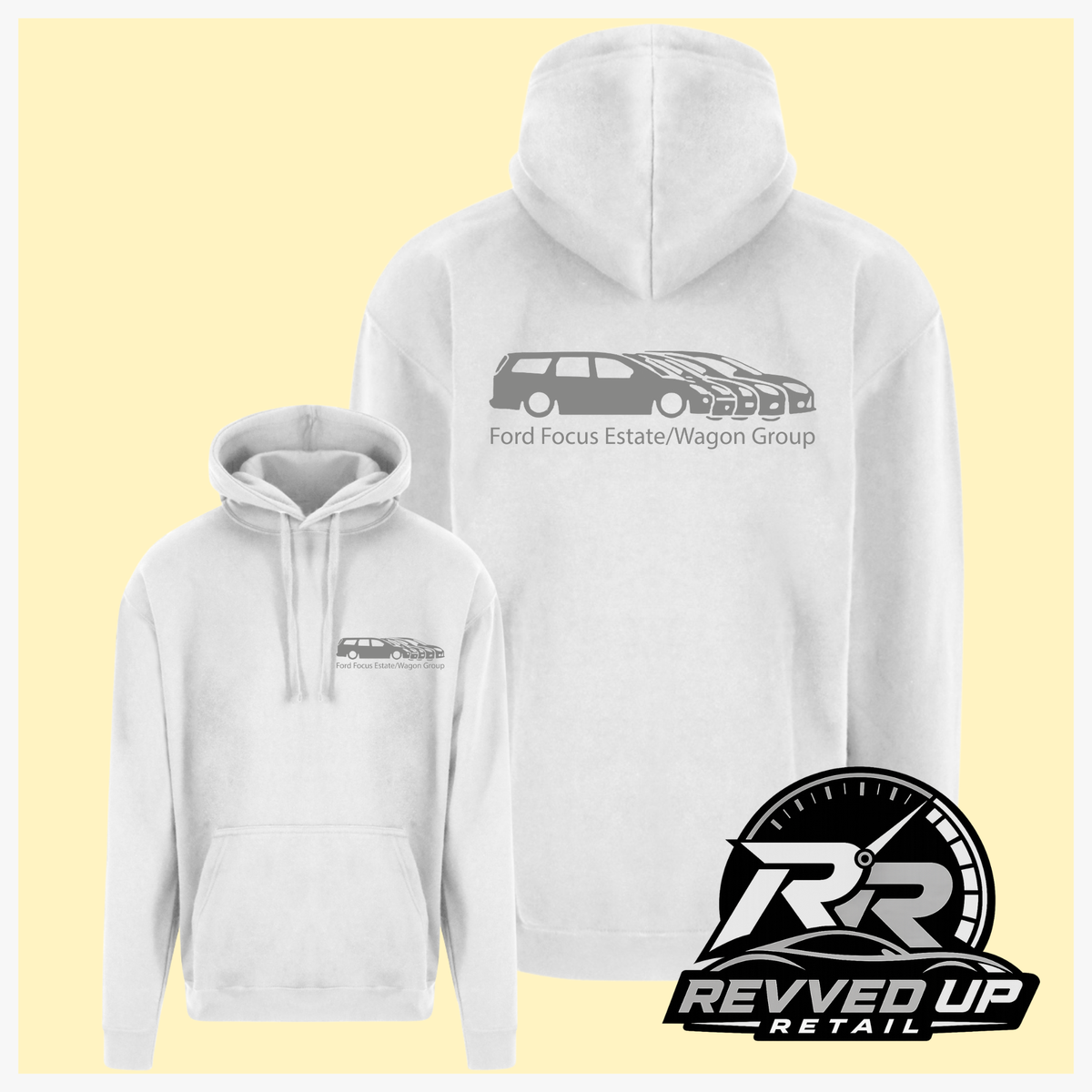White pullover hoodie shown from front and back on a pale yellow background. The front has a small gray chest graphic, and the back has a larger gray car illustration with the text 'Ford Focus Estate/Wagon Group.