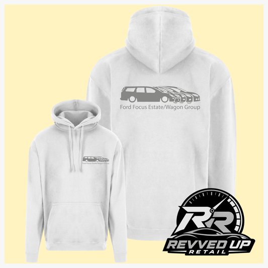 White pullover hoodie shown from front and back on a pale yellow background. The front has a small gray chest graphic, and the back has a larger gray car illustration with the text 'Ford Focus Estate/Wagon Group.