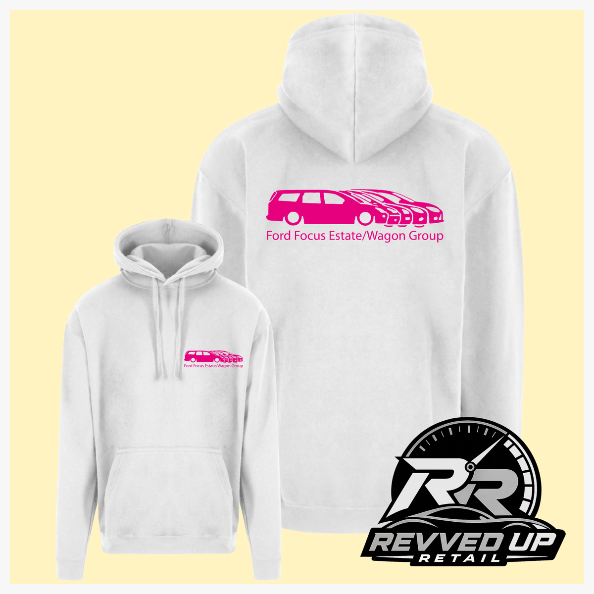White pullover hoodies shown from front and back on a pale yellow background. The front hoodie has a small pink chest graphic, while the larger back hoodie has a larger pink car graphic and the text 'Ford Focus Estate/Wagon Group.