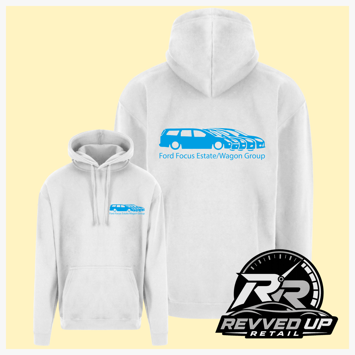 White pullover hoodies shown from front and back on a pale yellow background. The front hoodie has a small blue chest graphic, and the back hoodie has a larger blue car graphic with the text 'Ford Focus Estate/Wagon Group.