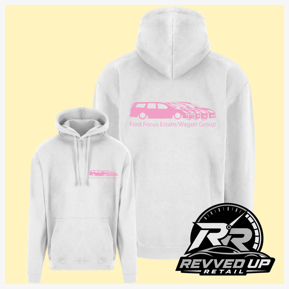 White pullover hoodie shown from front and back on a pale yellow background. The front has a small pink chest logo, and the back has a larger pink station wagon graphic with the text 'Ford Focus Estate/Wagon Group.