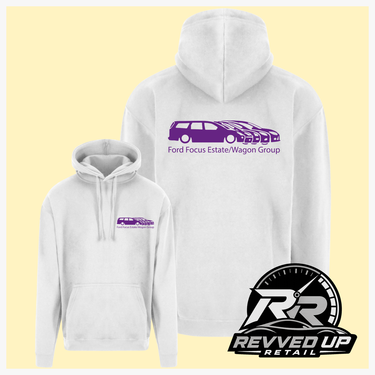 White pullover hoodies shown from front and back on a pale yellow background. The front hoodie has a small purple chest logo, and the back hoodie has a larger purple car graphic with the text 'Ford Focus Estate/Wagon Group.