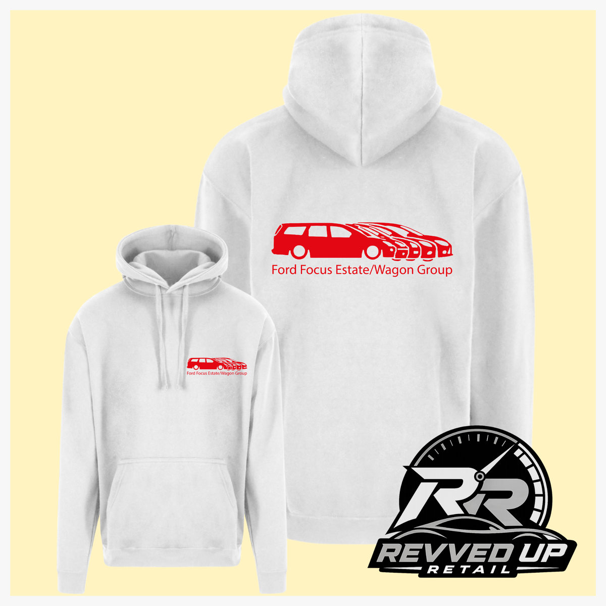 White pullover hoodies shown from front and back on a pale yellow background. The front hoodie has a small red chest graphic, and the back hoodie has a larger red car graphic with the text 'Ford Focus Estate/Wagon Group.