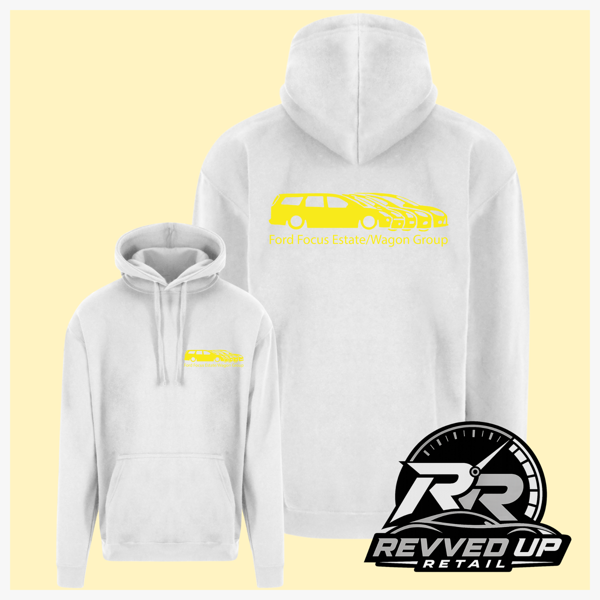 A white pullover hoodie shown from both front and back on a pale yellow background. The front has a small yellow chest logo reading Ford Focus Estate/Wagon Group, and the back has a larger yellow car graphic with the same text.