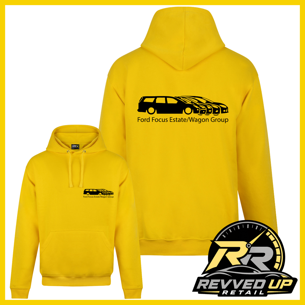 Two yellow pullover hoodies shown on a white background with a yellow border: a larger back view in the center and a smaller front view at lower left. Both have black printed graphics and text related to Ford Focus Estate/Wagon Group.