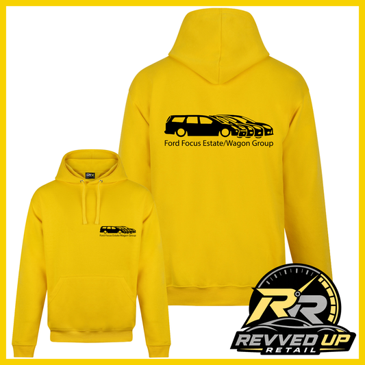 Two yellow pullover hoodies shown on a white background with a yellow border: a larger back view in the center and a smaller front view at lower left. Both have black printed graphics and text related to Ford Focus Estate/Wagon Group.