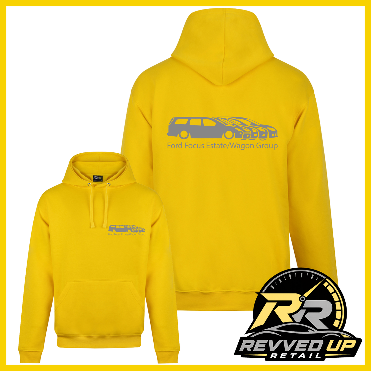 Two yellow pullover hoodies shown on a white background with a yellow border. The larger hoodie shows the back with a gray car silhouette and the text 'Ford Focus Estate/Wagen Group' across the upper back.