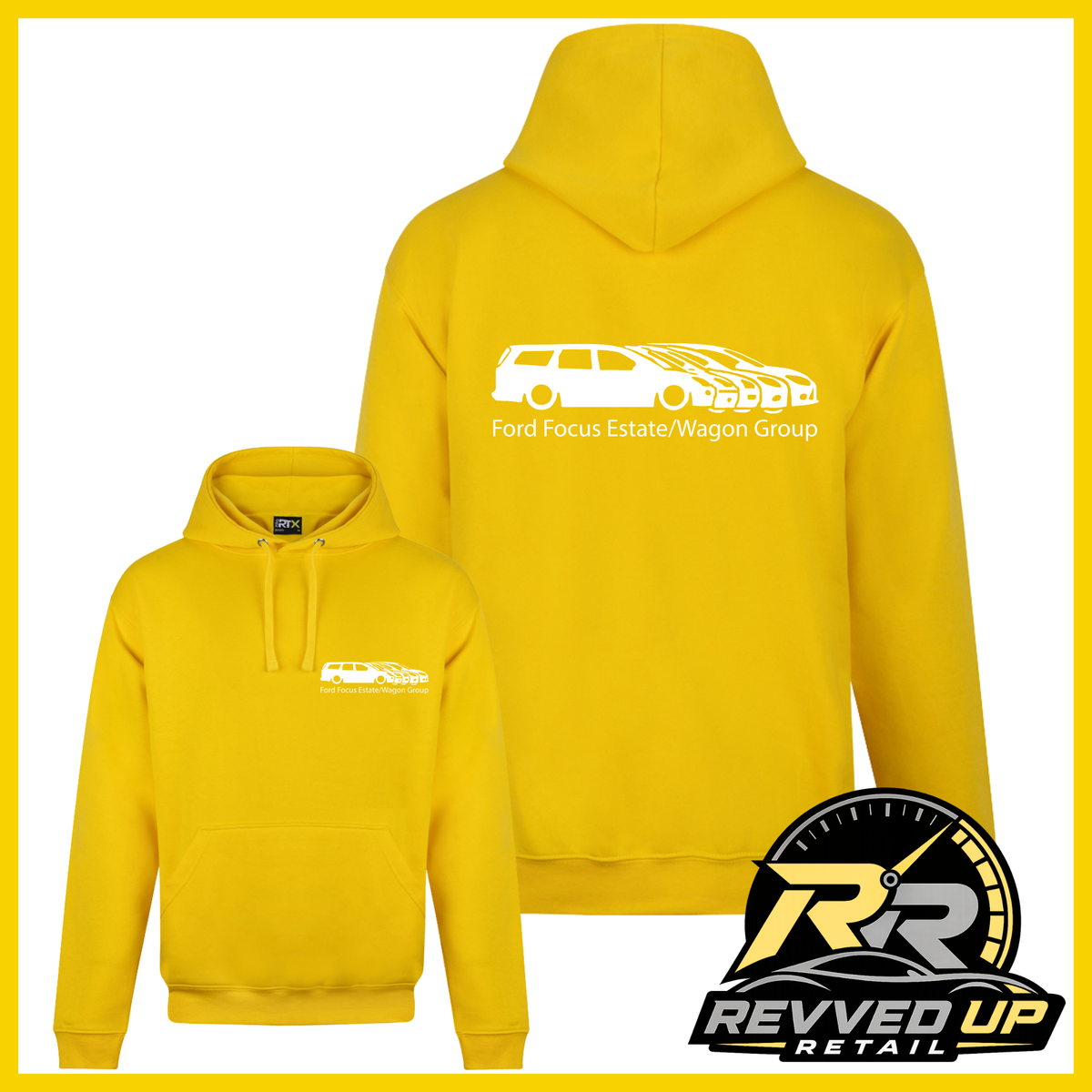 Two yellow pullover hoodies shown on a white background with a yellow border. The larger hoodie shows the back view with a white car graphic and the text 'Ford Focus Estate/Wagon Group' printed across the upper back.