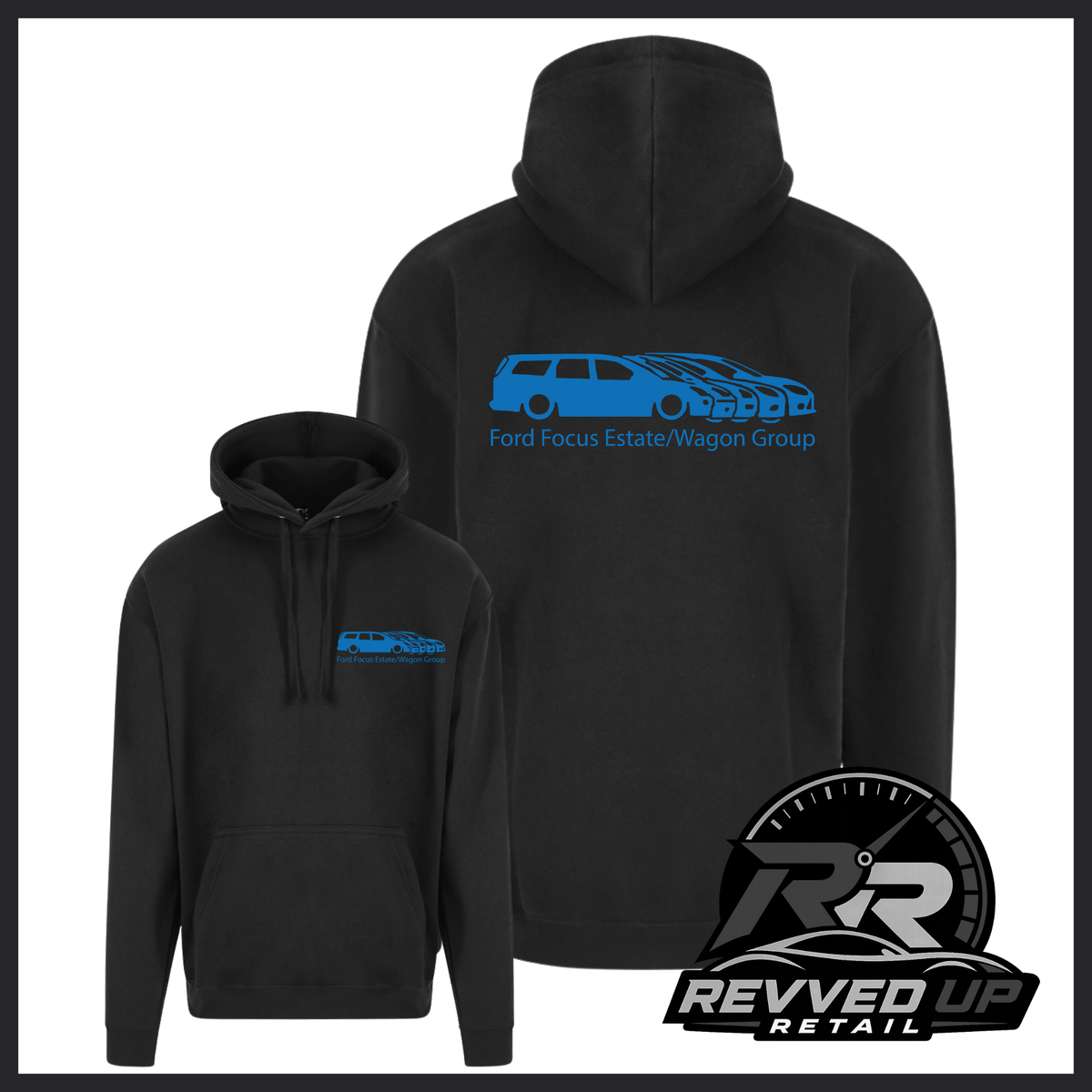 Black pullover hoodie shown from front and back on a white background. The front has a small blue chest logo reading Ford Focus Estate/Wagon Group, and the back has a larger blue car graphic with the same text.