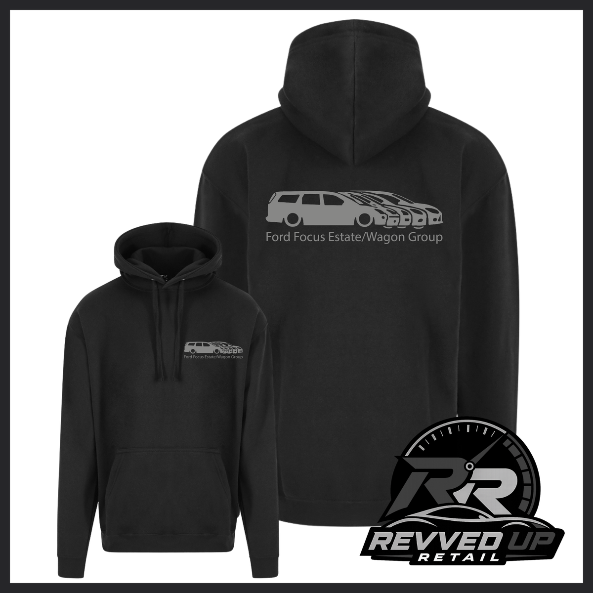 Black pullover hoodie shown from front and back on a white background. The front has a small chest graphic, and the back has a larger car silhouette graphic with the text 'Ford Focus Estate/Wagon Group'.
