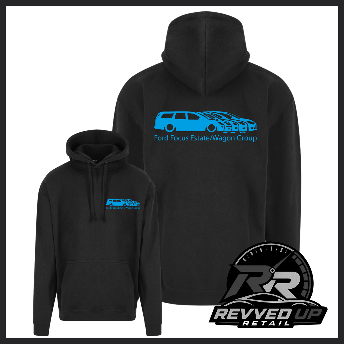 Black pullover hoodie shown from front and back on a white background. The front has a small blue chest logo reading Ford Focus Estate/Wagon Group, and the back has a larger blue car graphic with the same text.