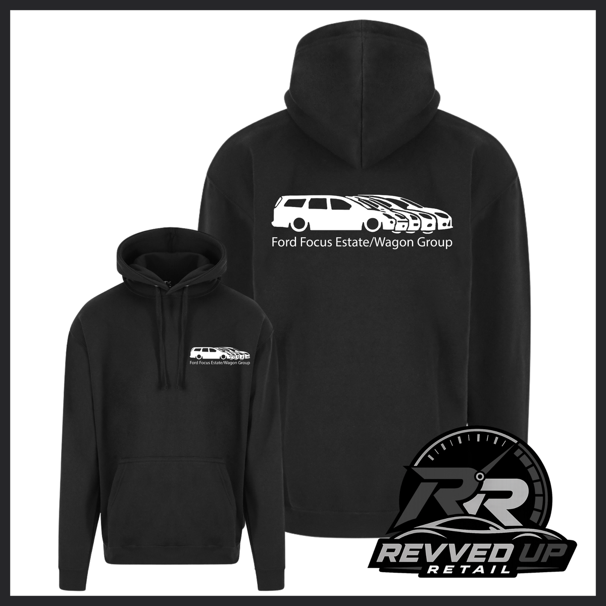 Black pullover hoodie shown from front and back on a white background. The front has a small white chest graphic, and the back has a larger white car graphic with the text 'Ford Focus Estate/Wagon Group'.