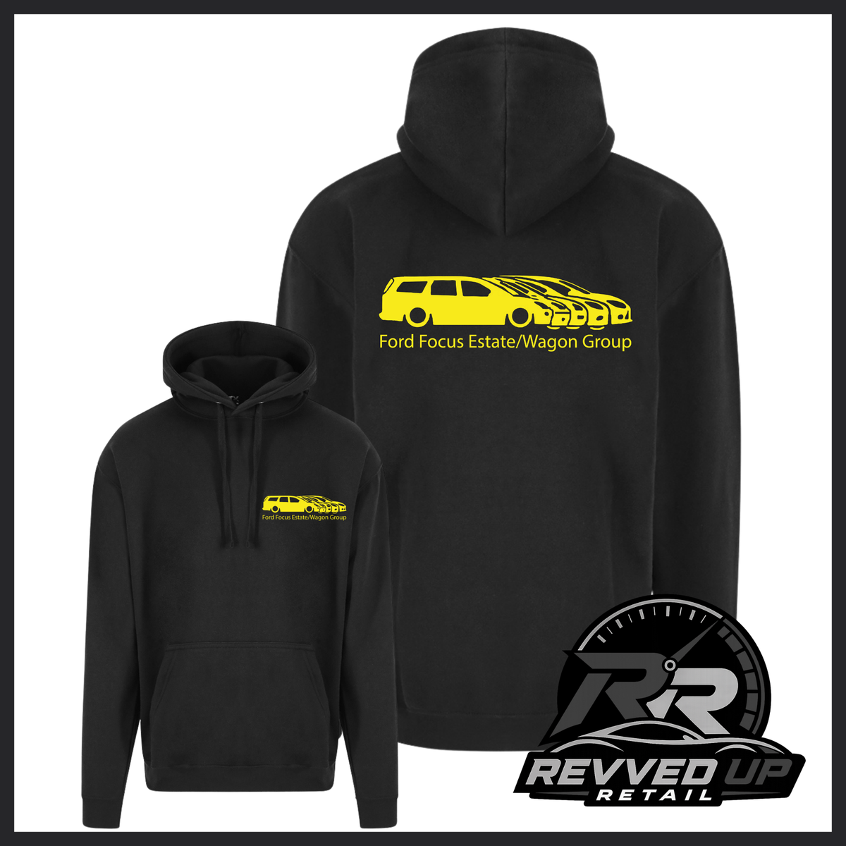 Black pullover hoodie shown from front and back on a white background. The front has a small yellow chest graphic of a yellow car with the text 'Ford Focus Estate/Wagon Group.