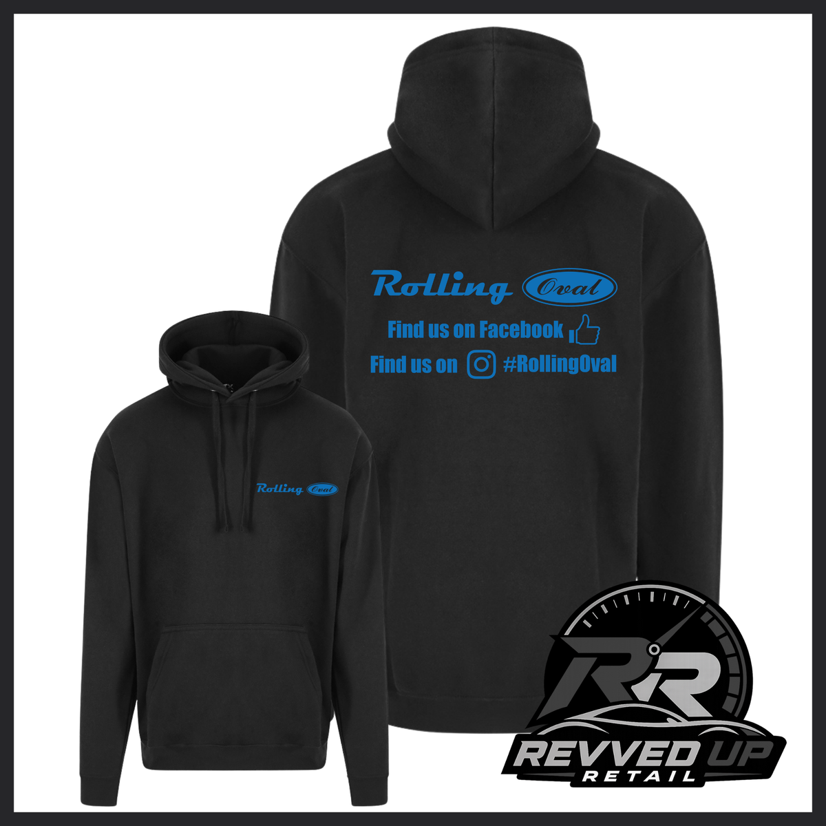 Black pullover hoodie shown from front and back on a white background. The front has a small blue Rolling Oval logo on the left chest, and the back has a larger blue Rolling Oval logo with social media text.