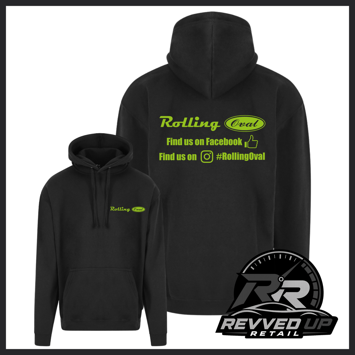 Black pullover hoodie shown from front and back on a white background. The front has a small green 'Rolling Oval' logo on the left chest, and the back has a larger matching graphic with social media text.
