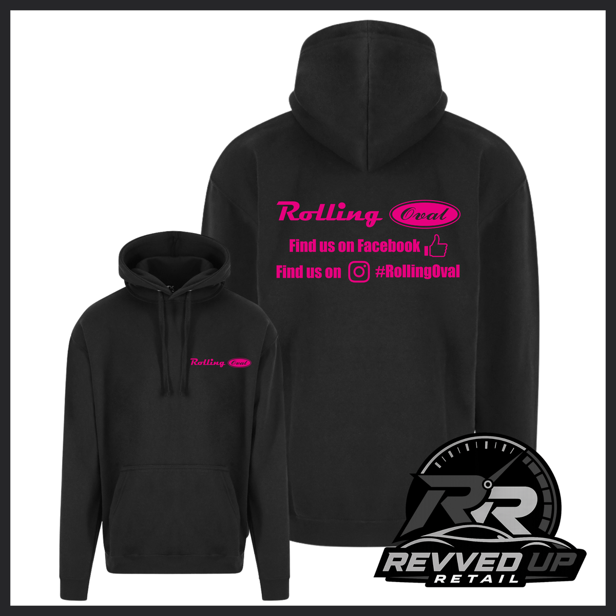 Black pullover hoodie shown from front and back on a white background. The front has a small pink Rolling Oval logo on the left chest, and the back has a larger pink Rolling Oval graphic with social media text.