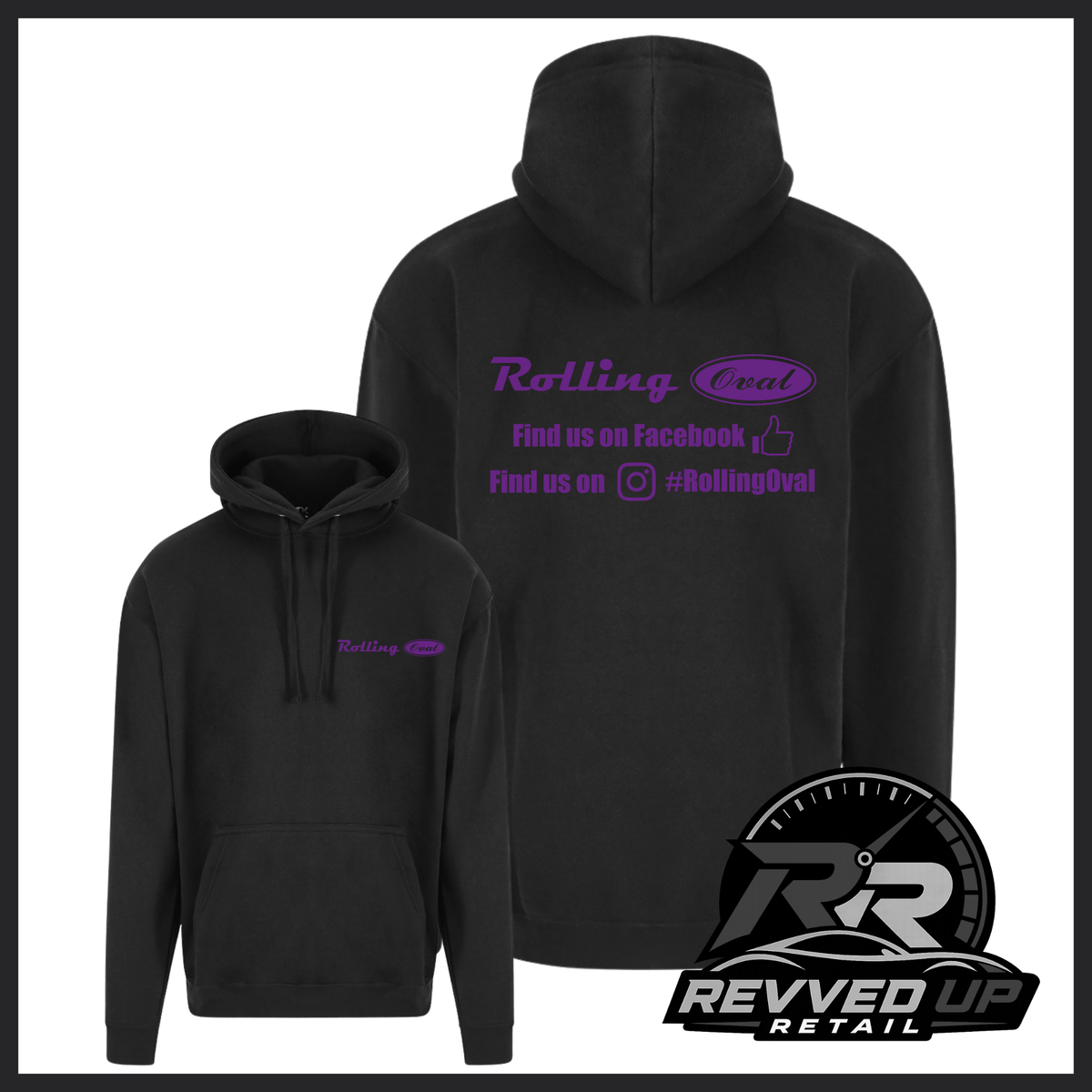 Black pullover hoodie shown from front and back on a white background. The front has a small purple 'Rolling Oval' logo on the left chest, and the back has larger purple text reading 'Rolling Oval' with social media contact info.
