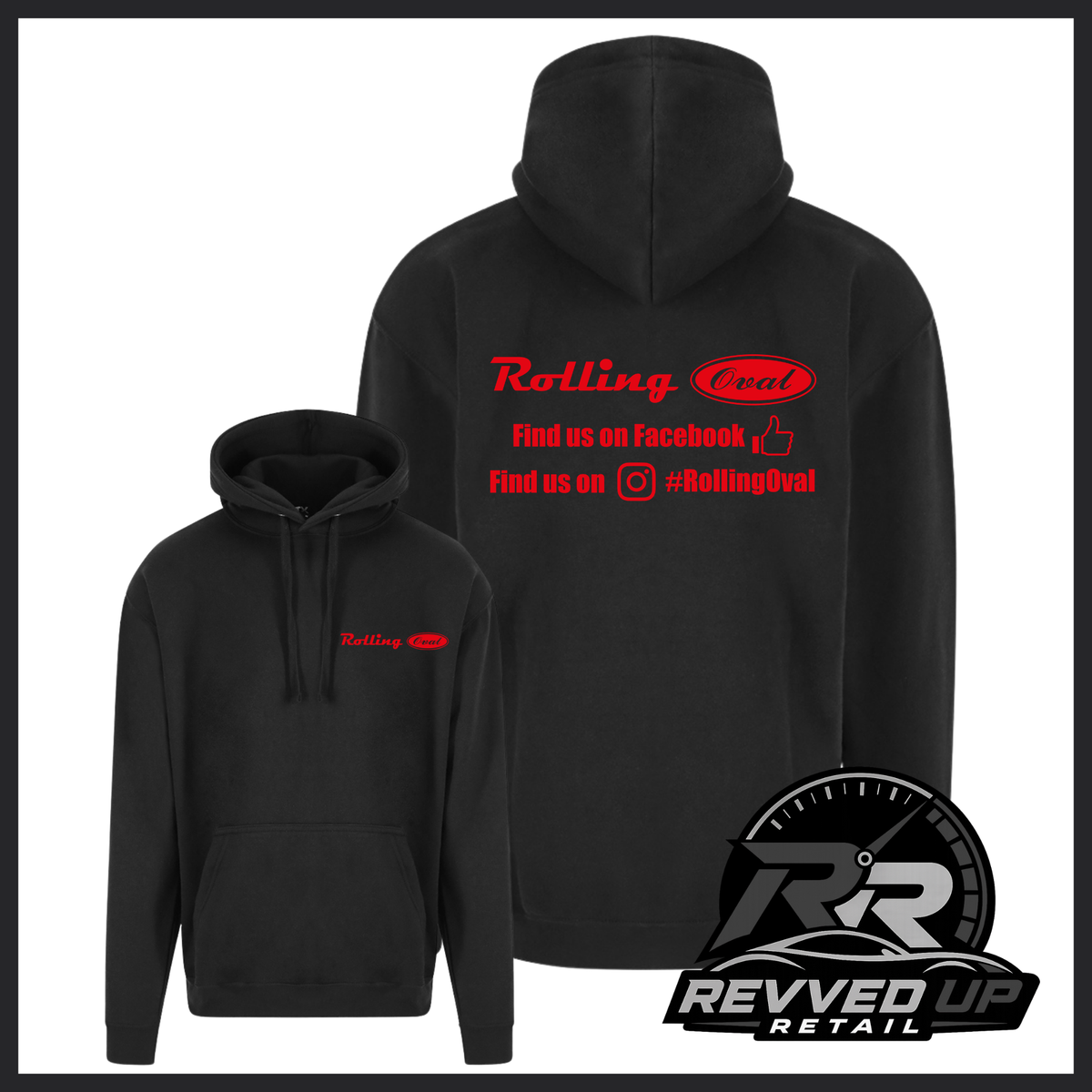 Black pullover hoodie shown from front and back on a white background. The front has a small red  'Rolling Oval' logo on the left chest, and the back has a larger red graphic with text reading 'Rolling Oval' and social media-style wording.