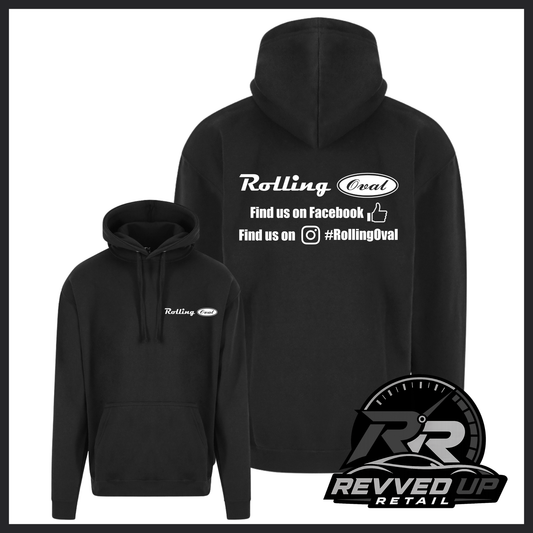 Two black pullover hoodies shown on a white background: one front view and one back view. The back hoodie has white text reading 'Rolling Oval' with social media-style wording below, and the front hoodie has a small matching white chest logo.