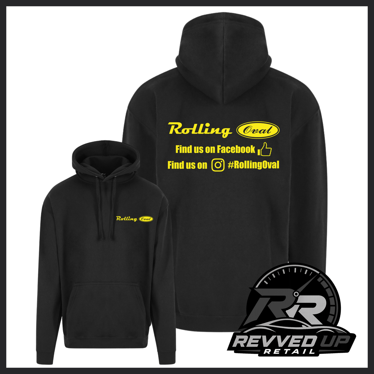 Black pullover hoodie shown from front and back on a white background. The front has a small yellow 'Rolling Oval' logo on the left chest, and the back has a large yellow graphic reading 'Rolling Oval' with social media text.