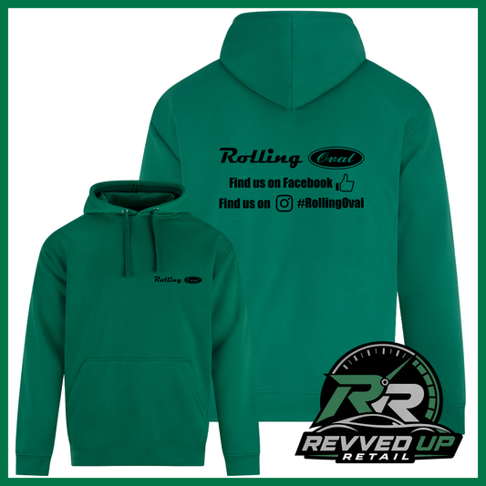 Two green pullover hoodies shown on a white background, with the larger back view featuring black 'Rolling Oval' text and social media text across the upper back, and a smaller front view with a small matching chest logo. A 'Revved Up Retail' logo appears in the bottom right corner.
