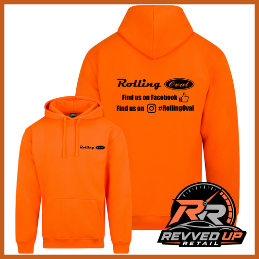 Bright orange pullover hoodie shown from both front and back on a white background with a decorative border. The front has a small black 'Rolling Oval' logo on the left chest, and the back has a larger black 'Rolling Oval' logo with social media text.
