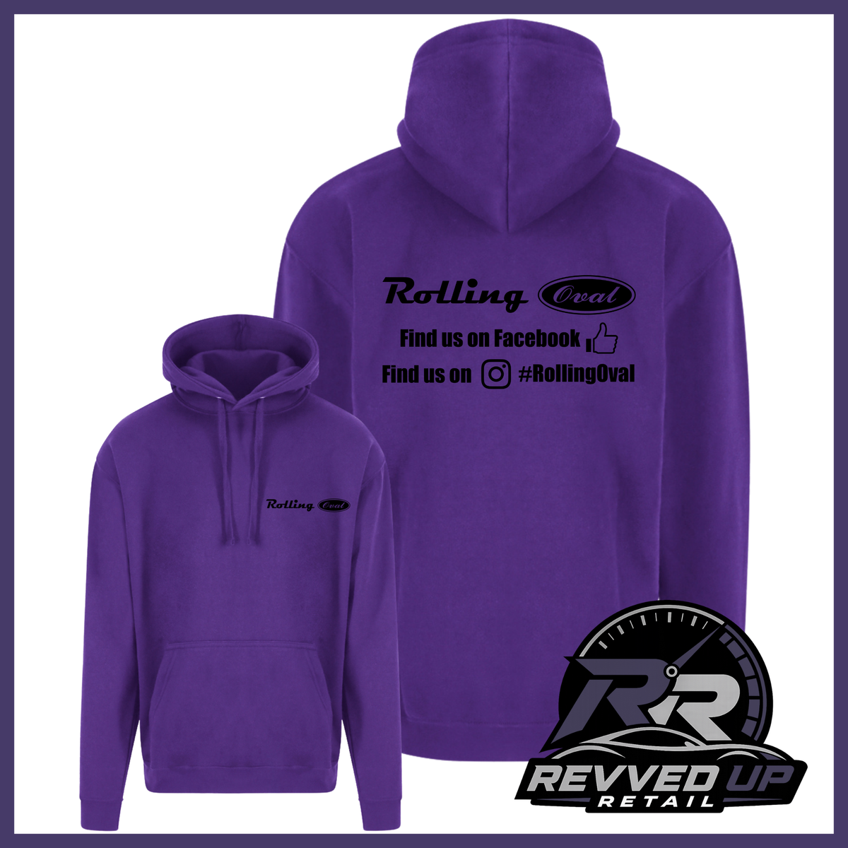 Purple pullover hoodies shown from both front and back views on a white background, with black printed text and logo graphics. A Revved Up Retail logo is displayed in the bottom right corner.