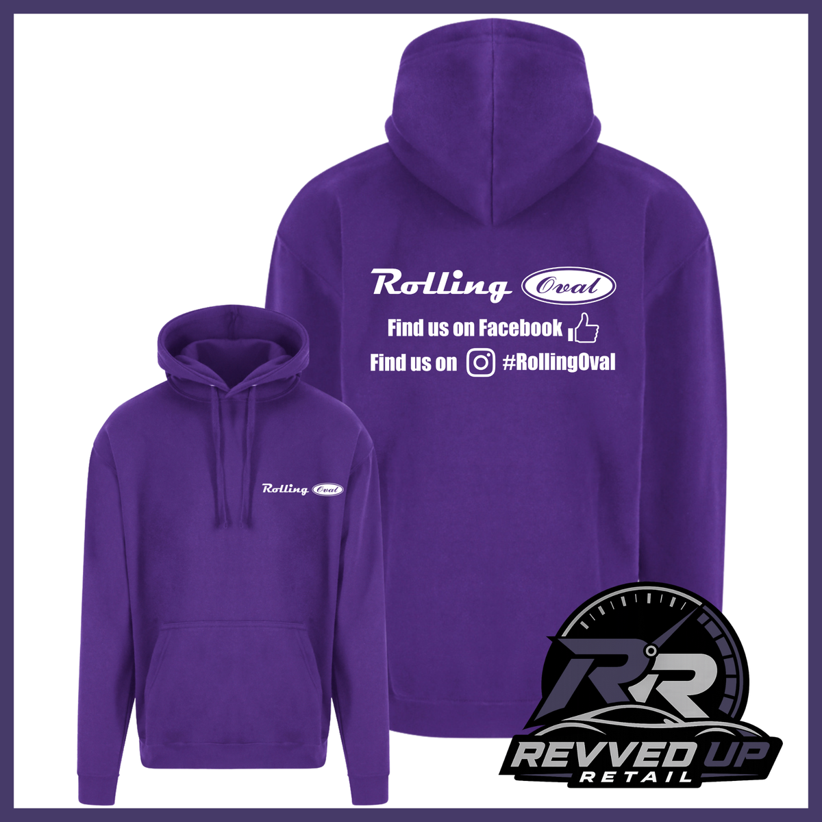 Purple pullover hoodie shown from both front and back on a white background. The front has a small white Rolling Oval logo on the left chest, and the back has larger white text reading 'Rolling Oval' with social media placeholders.