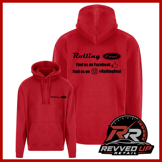 A red pullover hoodie shown from both front and back on a white background with a red border. The front view shows a small black 'Rolling Oval' logo on the left chest, and the back view shows a larger black 'Rolling Oval' logo with social media text.