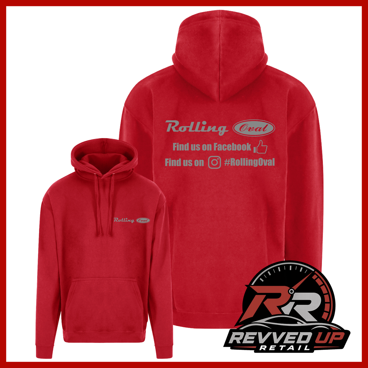 A red pullover hoodie shown from both front and back on a white background with a red border. The front has a small white 'Rolling Oval' logo on the left chest, and the back has a larger white 'Rolling Oval' logo with social media text.