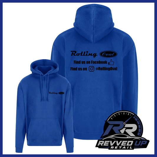 Blue pullover hoodie shown from front and back on a white background with a blue border. The front has a small black Rolling Oval logo on the left chest, and the back has a larger black Rolling Oval logo with social media text.