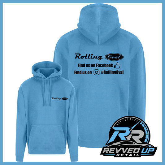 A light blue hoodie shown from both front and back on a white background with a blue border. The back features black text reading 'Rolling Oval' with social media details, and the front has a small matching 'Rolling Oval' logo on the left chest.