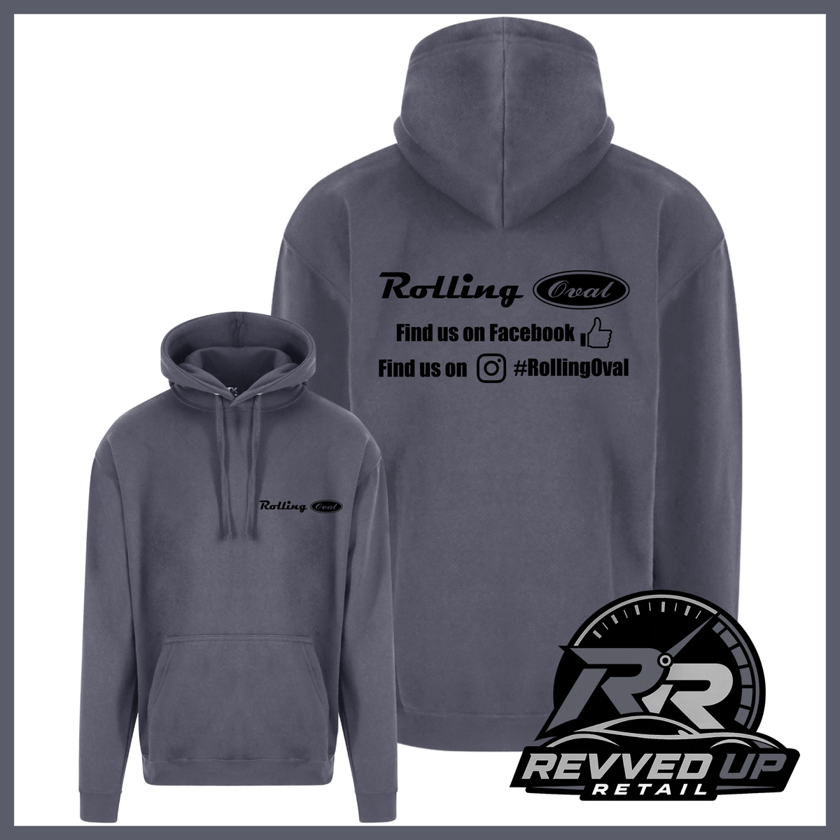 A dark gray pullover hoodie shown from both front and back views on a white background with a gray border. The back features a black Rolling Oval logo and matching smaller logo in black on the front.
