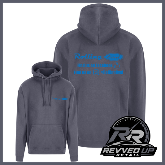 A dark gray hoodie shown from both front and back views on a white background with a black border. The back features blue text and logo reading 'Rolling Oval' with social media handles, and the front has a small matching blue chest logo.
