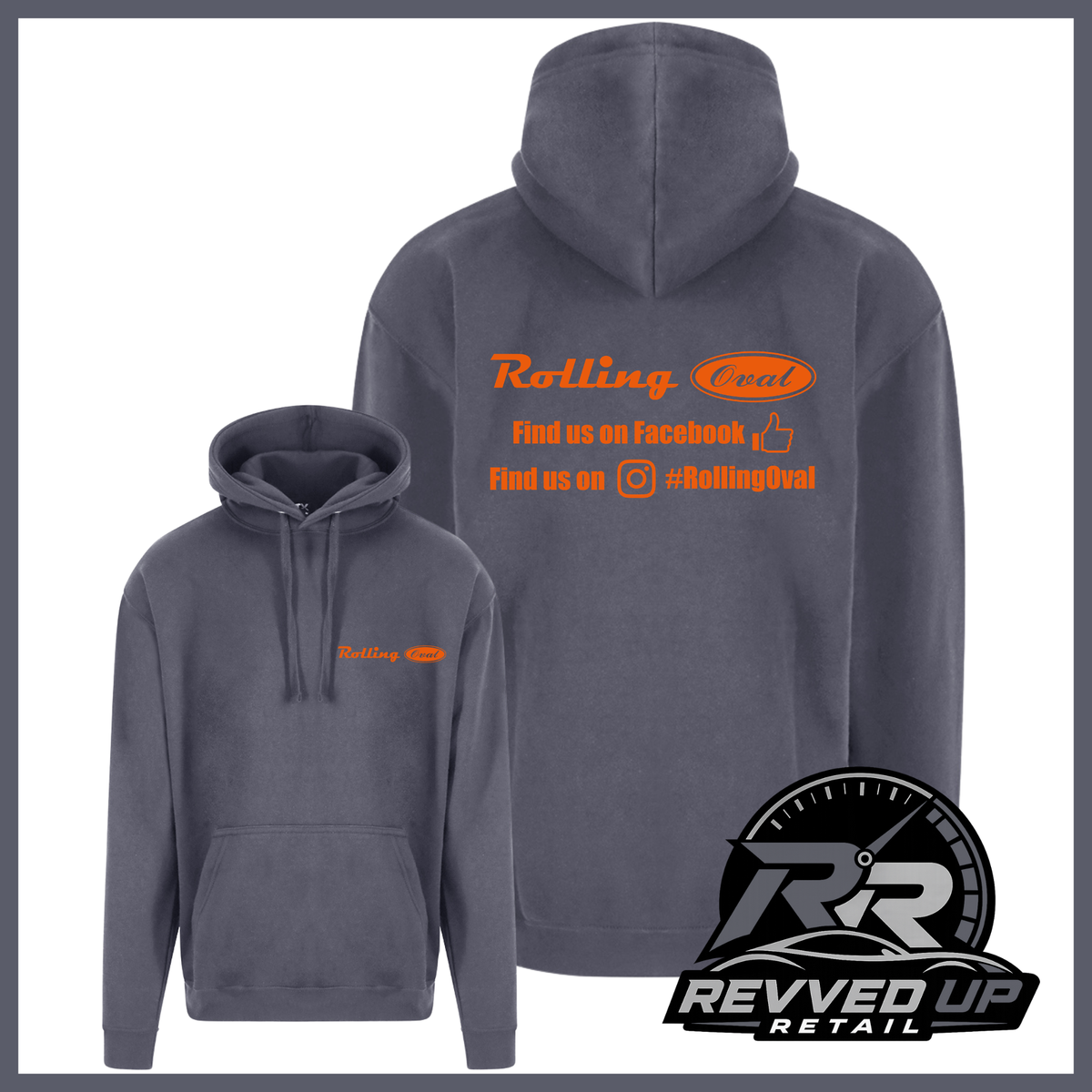 A dark gray pullover hoodie shown from both front and back on a white background. The front features a small orange 'Rolling Oval' logo on the left chest, while the back displays a larger version of the same logo with social media text in orange.